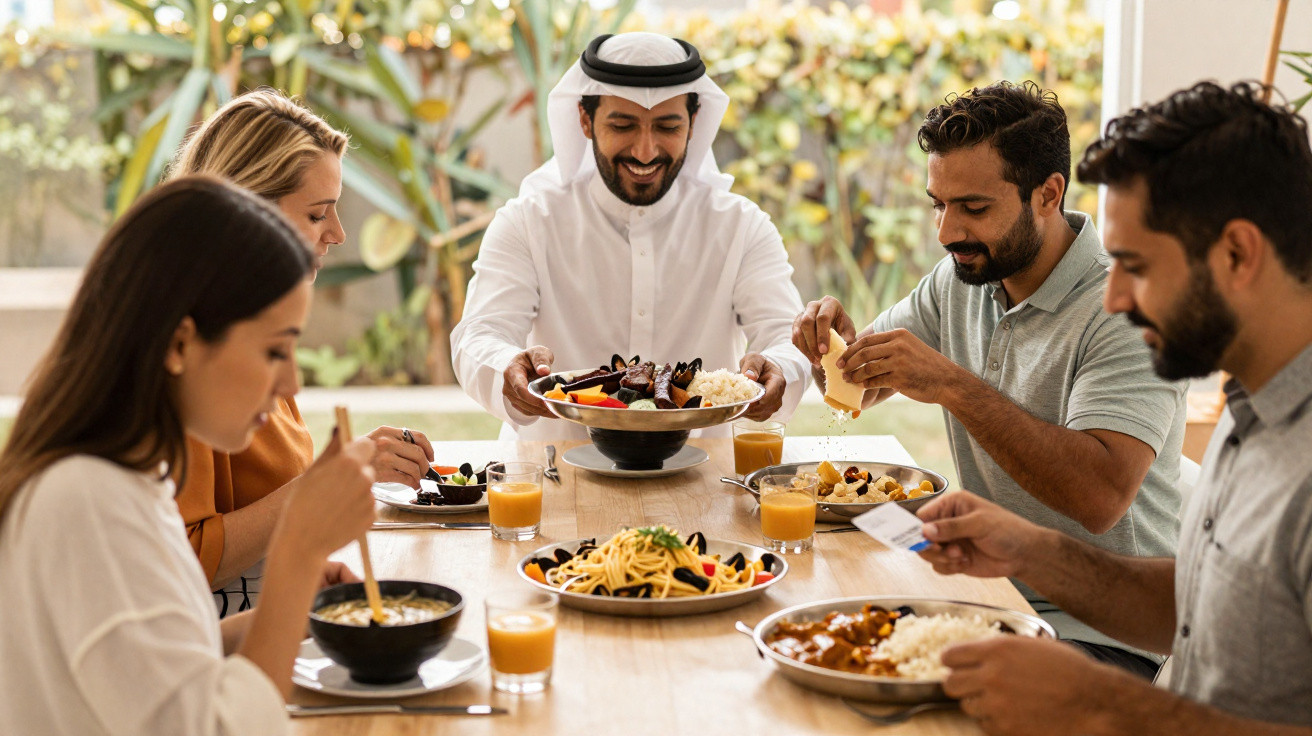 Quatro pessoas a partilharem uma refeição diversa com suco, massas, frutas e arroz numa mesa de madeira.
