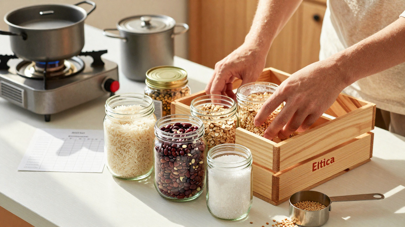 Mãos a organizar frascos com arroz, feijão, sementes e sal numa caixa de madeira numa mesa de cozinha.