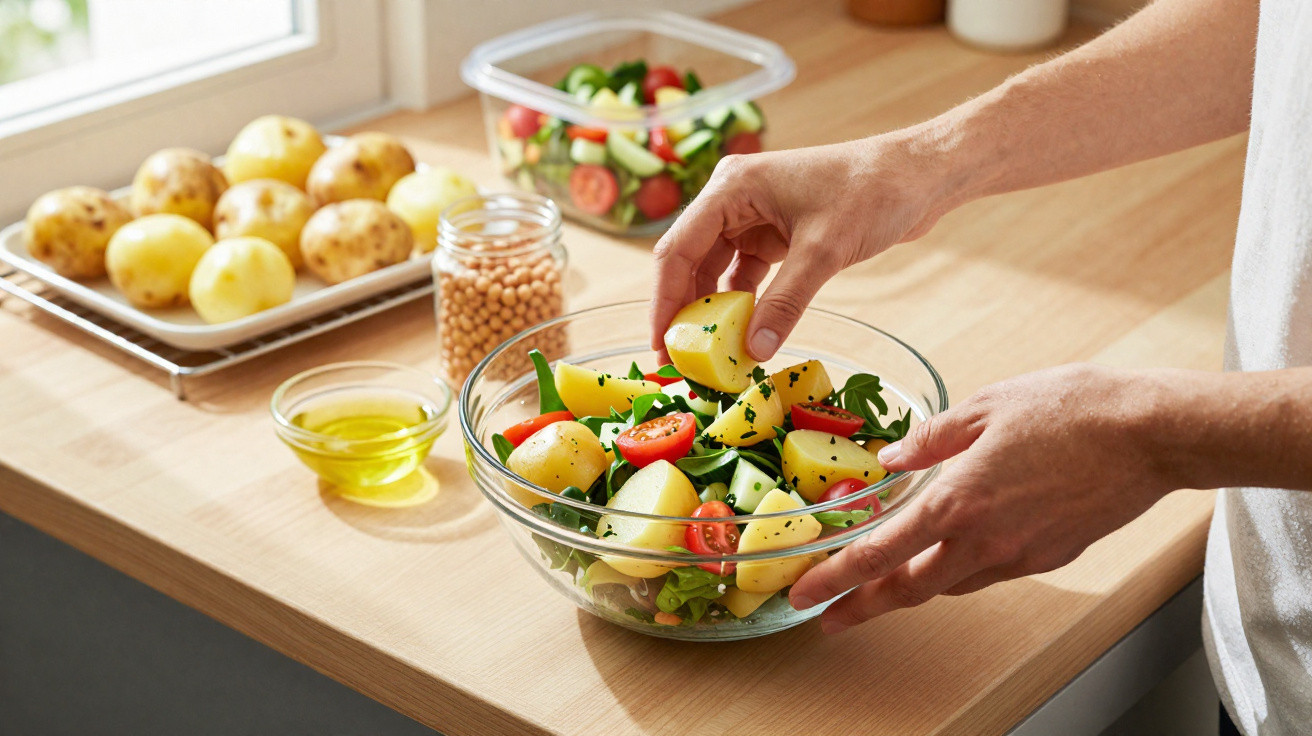 Pessoa a preparar salada com batatas, tomate cherry e alface numa taça de vidro sobre bancada de madeira.