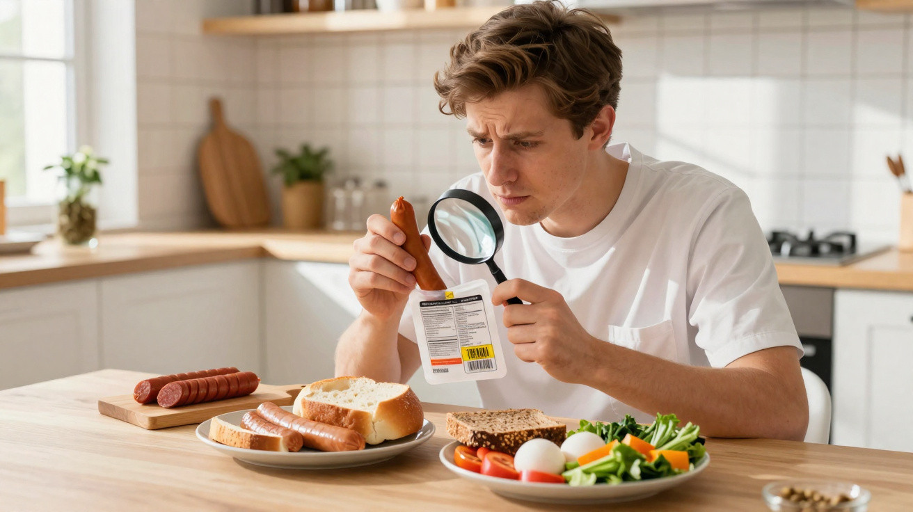 Homem sentado à mesa de cozinha a ler atentamente o rótulo de uma salsicha com uma lupa.