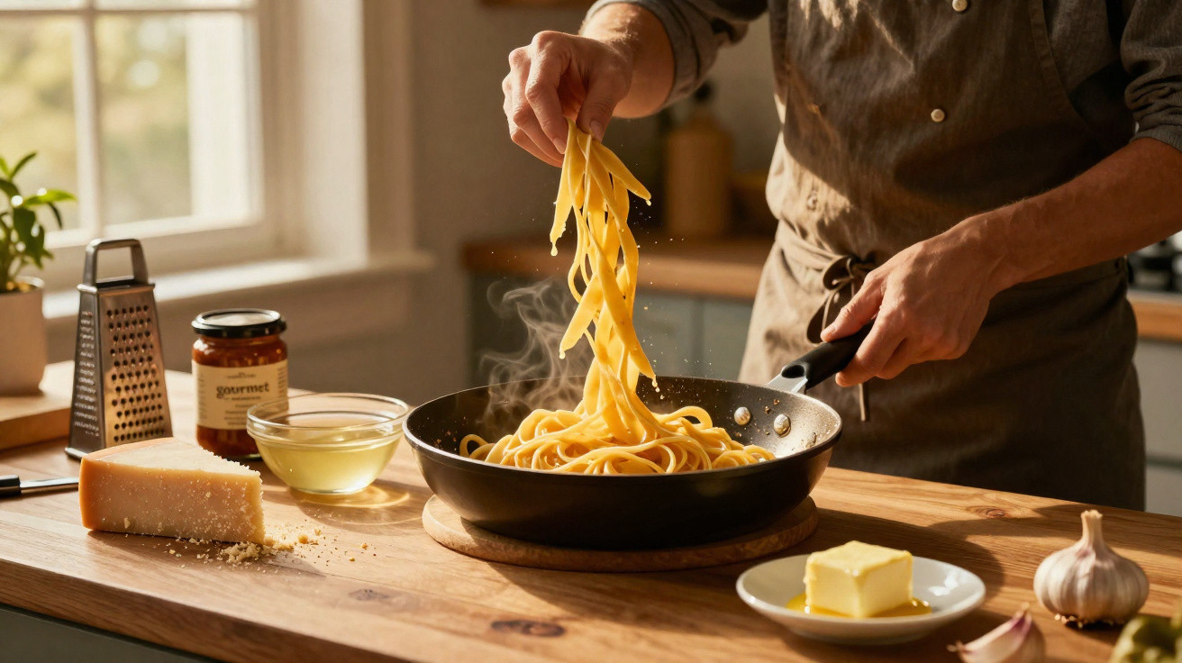 Pessoa a cozinhar massa fresca numa frigideira numa cozinha iluminada, com ingredientes na bancada.