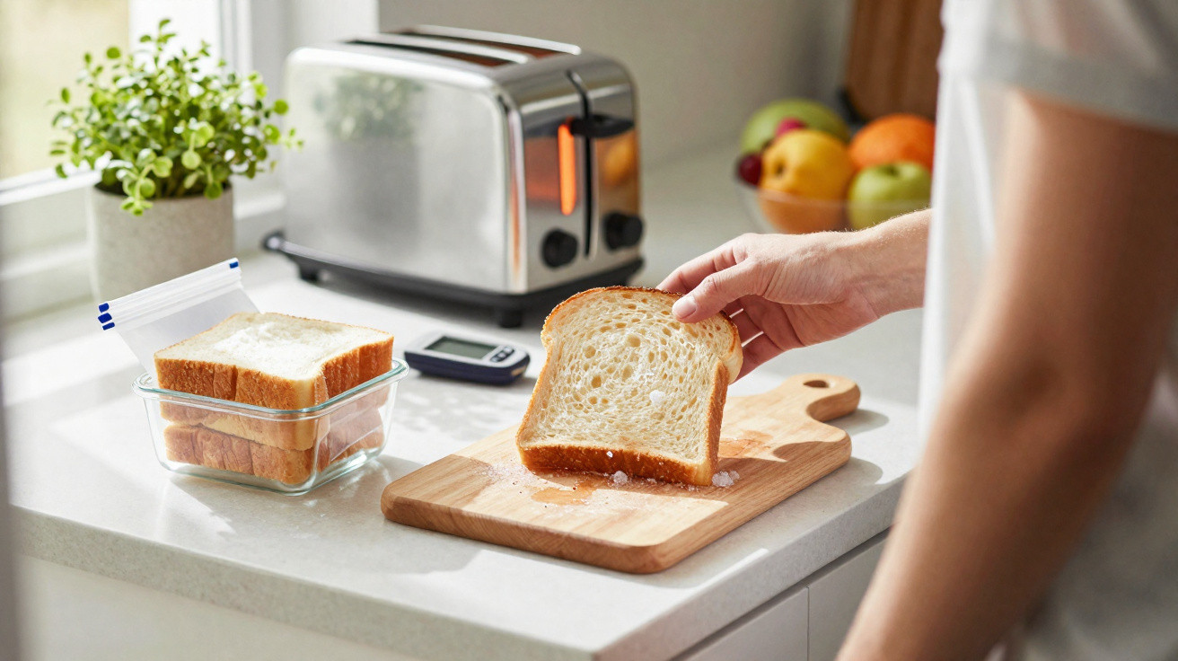 Pessoa a segurar fatia de pão branco numa tábua de cortar, ao lado de torradeira e recipiente com mais pão.