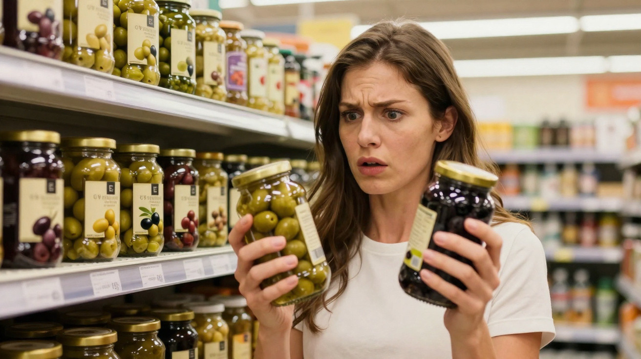 Mulher em supermercado com expressão confusa segurando dois frascos de azeitonas diferentes.