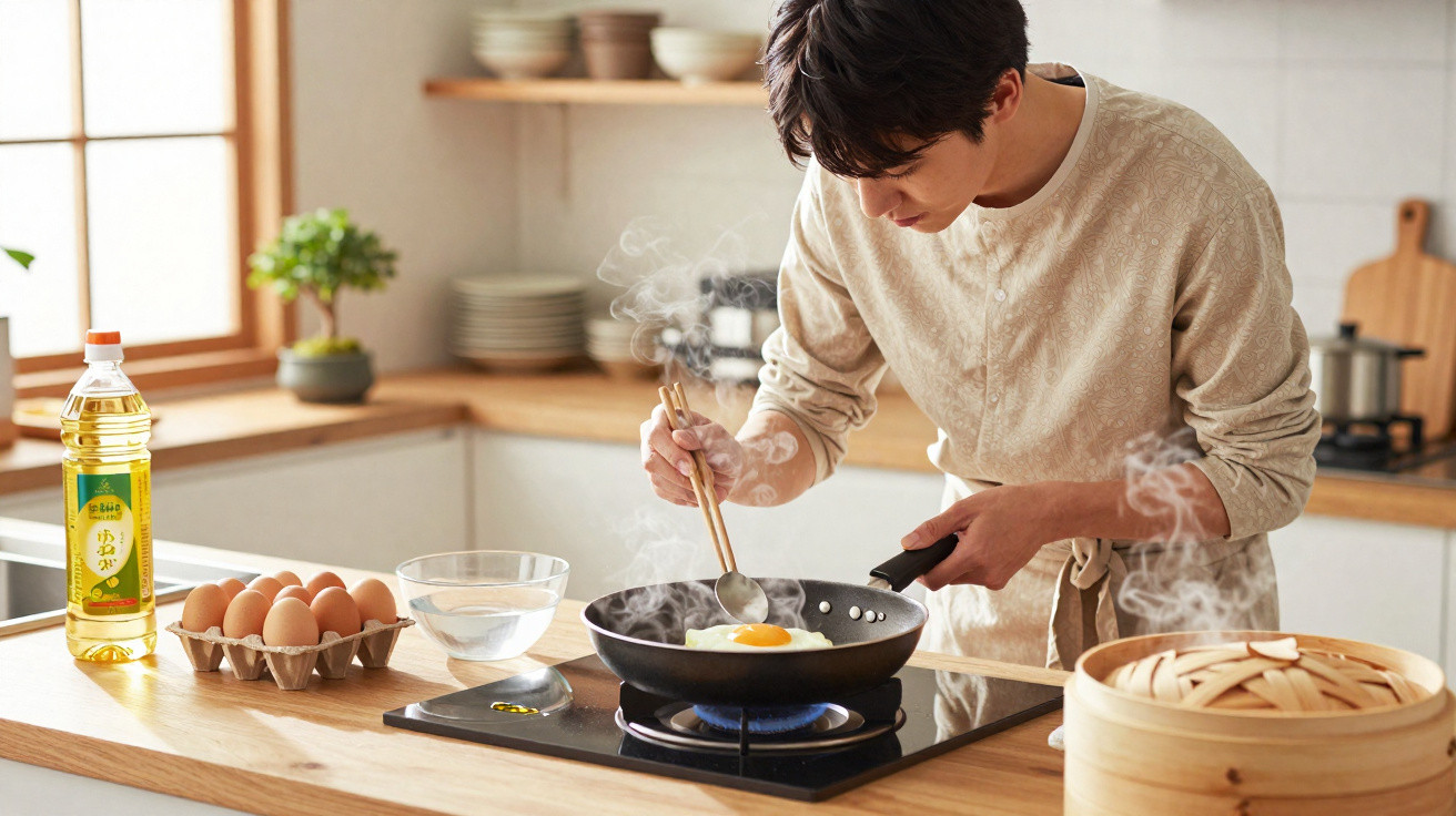 Pessoa a cozinhar um ovo estrelado numa frigideira numa cozinha moderna e luminosa.
