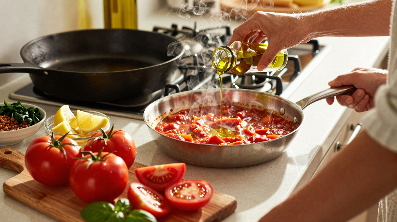 Pessoa a adicionar azeite a um molho de tomate fresco a cozinhar numa frigideira na cozinha.