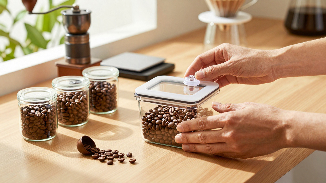 Mãos a fechar recipiente hermético com grãos de café em cima de mesa de madeira com outros frascos de café.