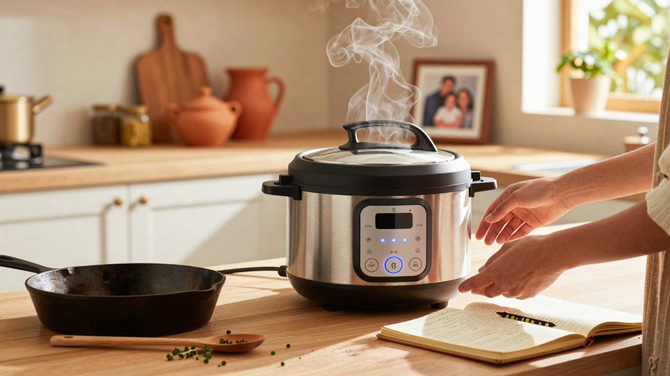 Panela elétrica a vapor em bancada de cozinha com mãos e caderno aberto ao lado.