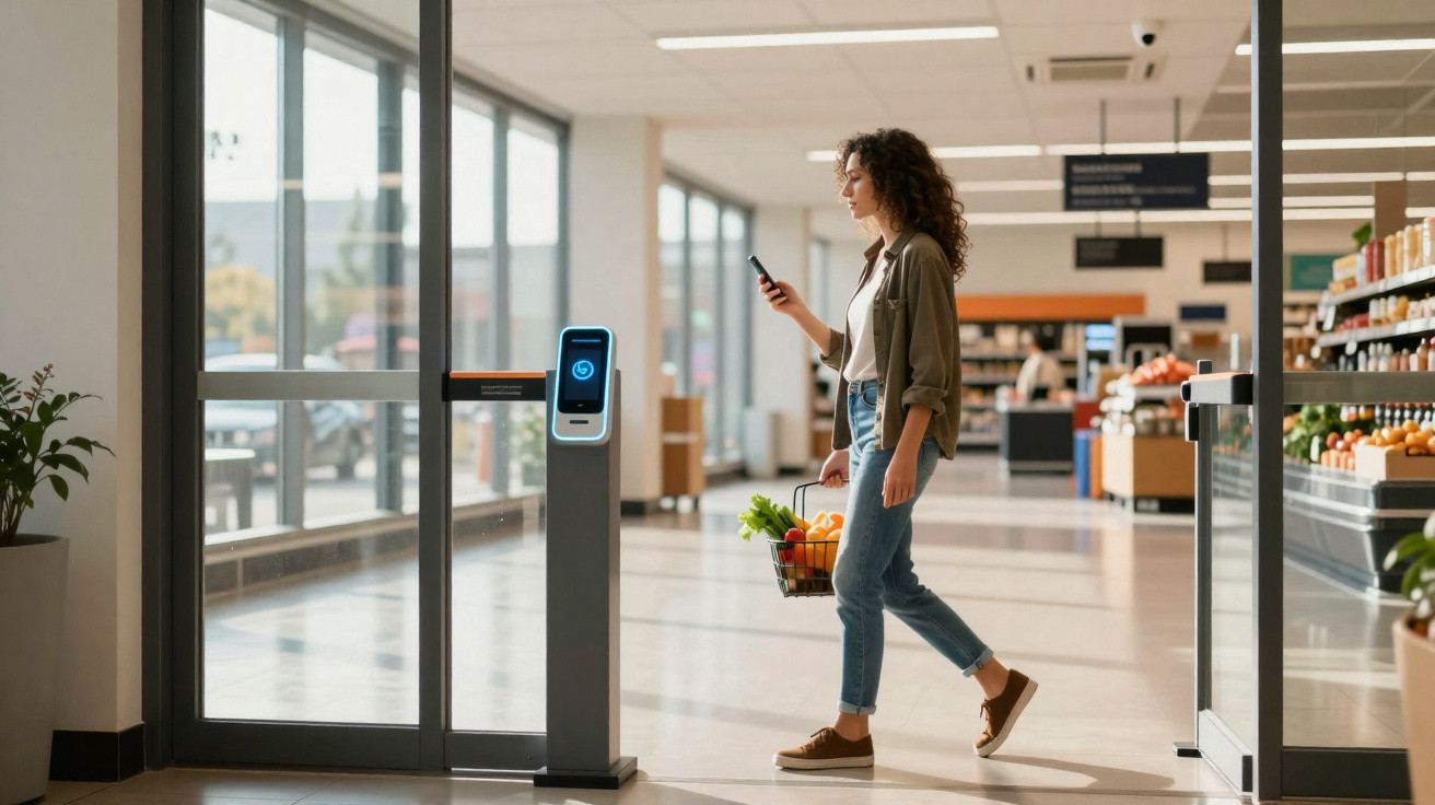 Mulher com cesta de compras a usar telemóvel para passar em portão digital numa loja moderna e iluminada.