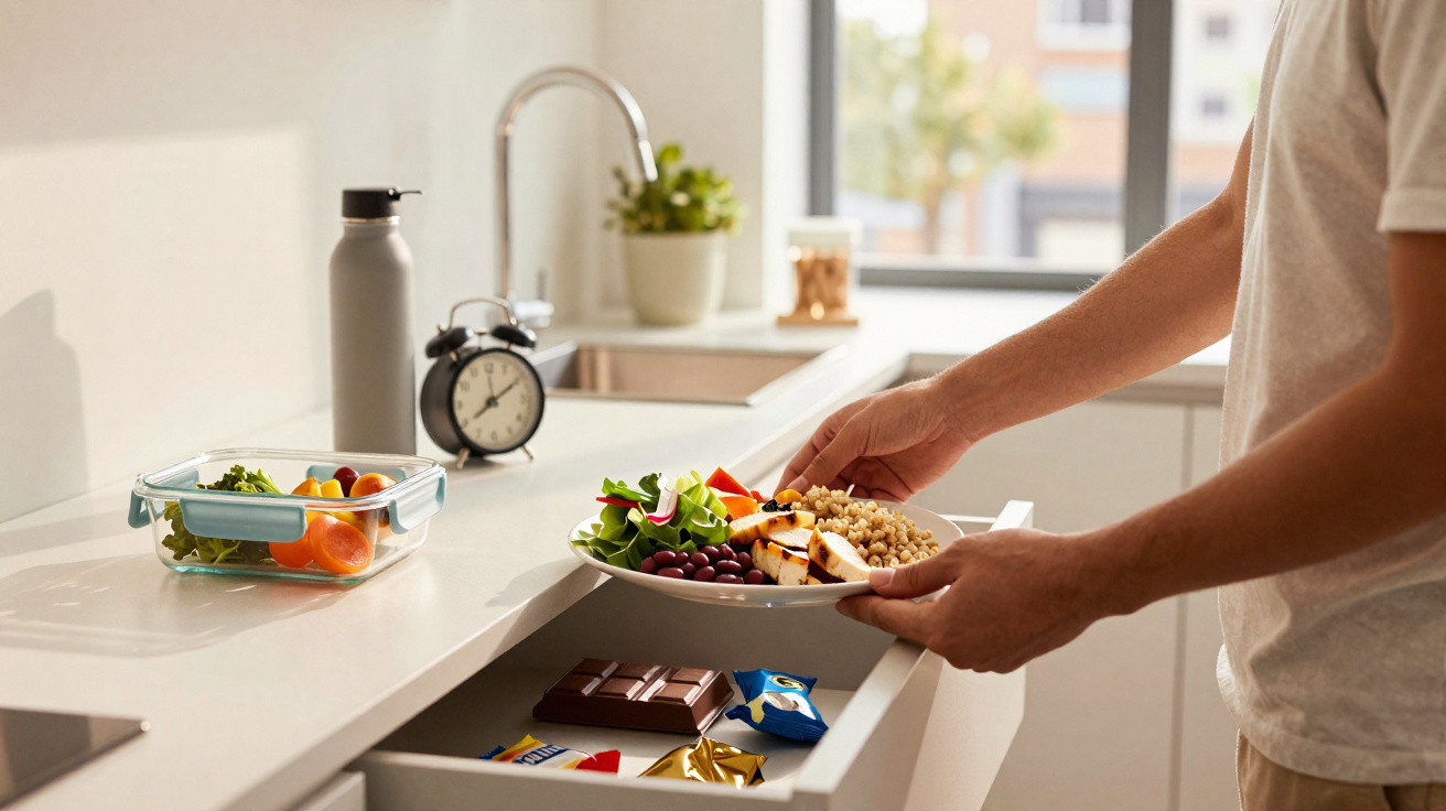 Pessoa a segurar prato com salada e quinoa na cozinha com recipiente de vegetais e garrafa na bancada.