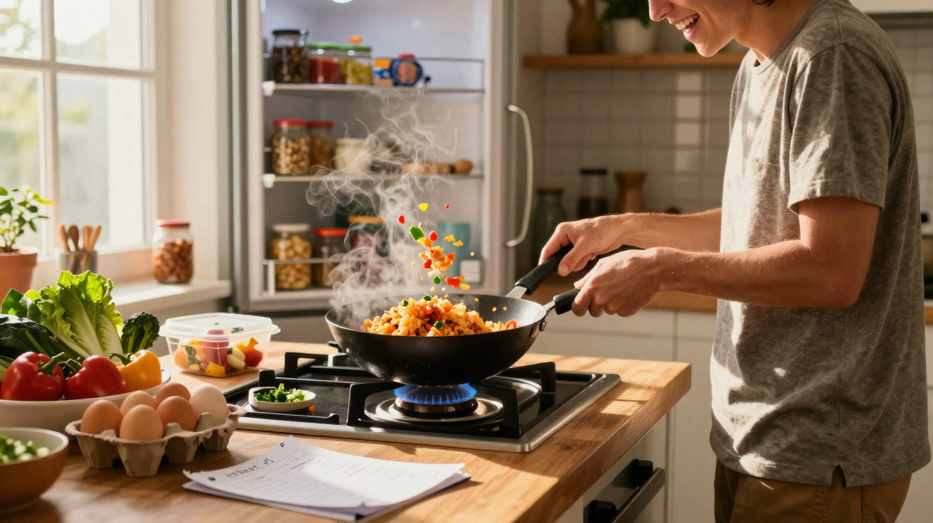 Jovem a cozinhar legumes salteados numa frigideira na cozinha moderna com fogão a gás e ingredientes frescos.