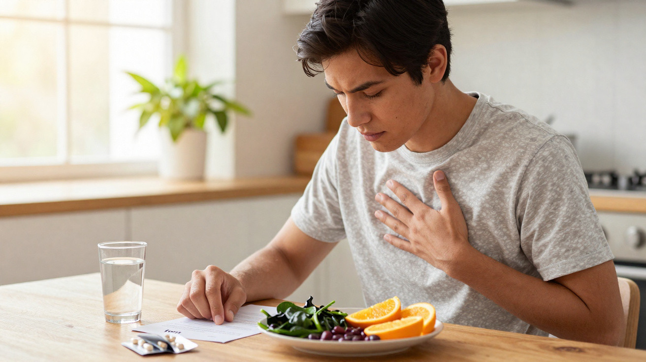 Homem jovem sentado à mesa com comida e comprimidos, segurando o peito com expressão de dor.