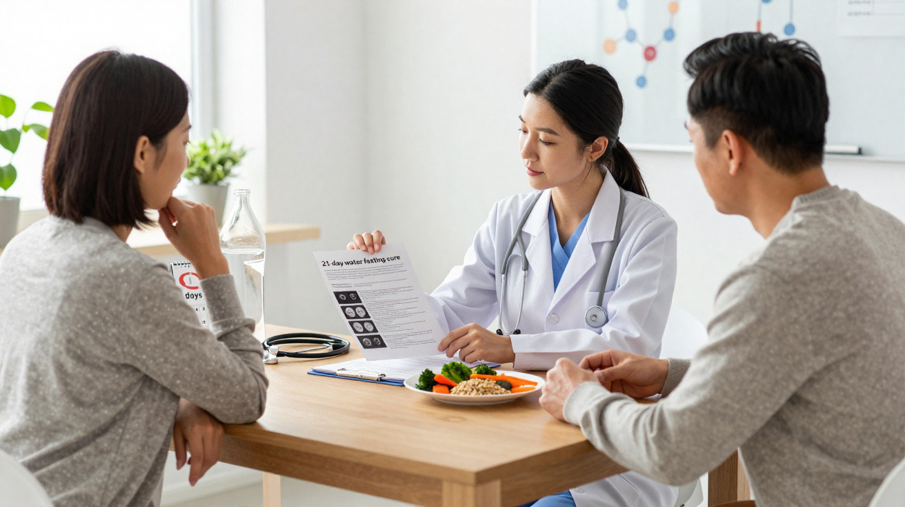 Médica a explicar plano alimentar saudável para casal numa consulta num consultório moderno.