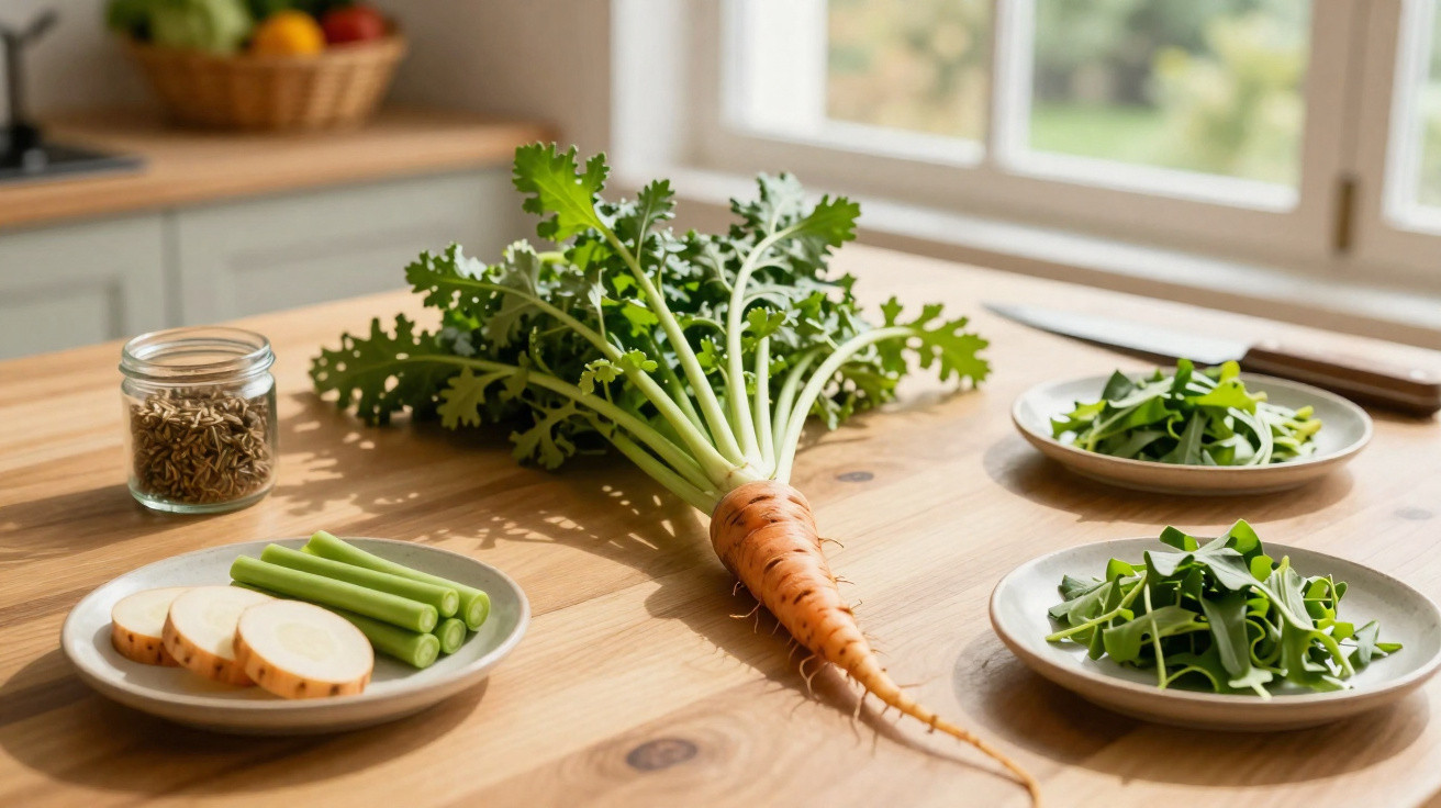 Mesa de madeira com vegetais frescos, incluindo uma cenoura branca com folhas e vários pratos com folhas verdes.