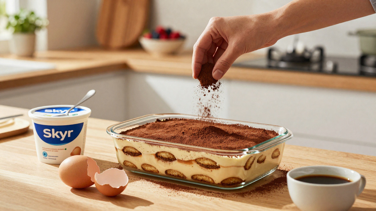 Mão a polvilhar cacau em tiramisù caseiro numa tigela de vidro numa cozinha com café, ovo e iogurte Skyr.