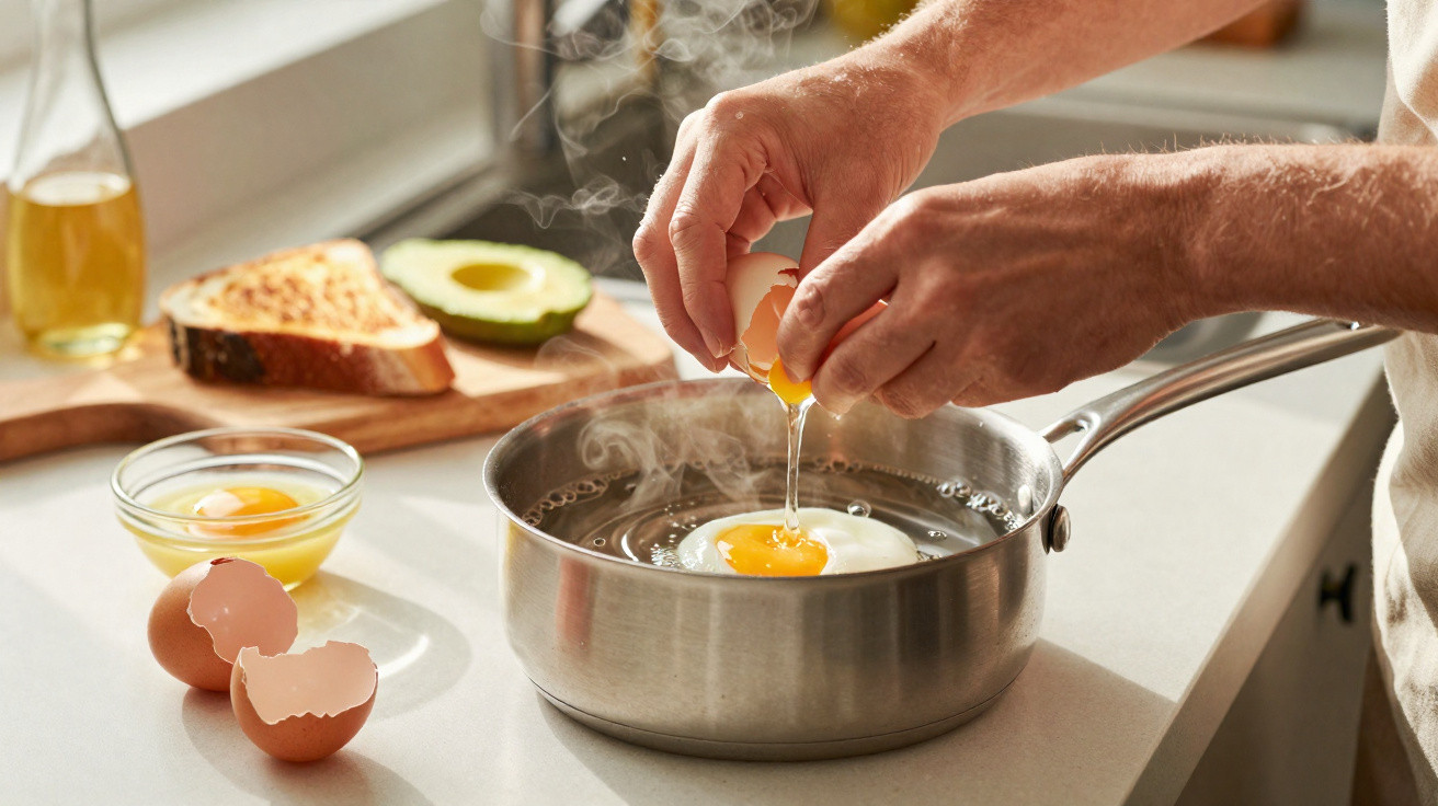 Pessoa a partir um ovo para uma panela com água quente, com pão, abacate e azeite ao fundo na bancada da cozinha.