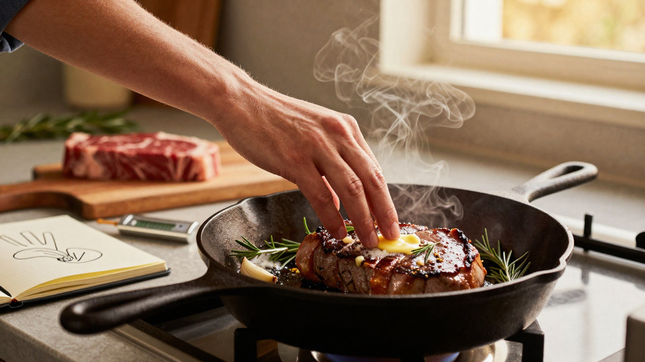 Mão a colocar manteiga numa peça de carne a grelhar numa frigideira com ervas aromáticas e alho.