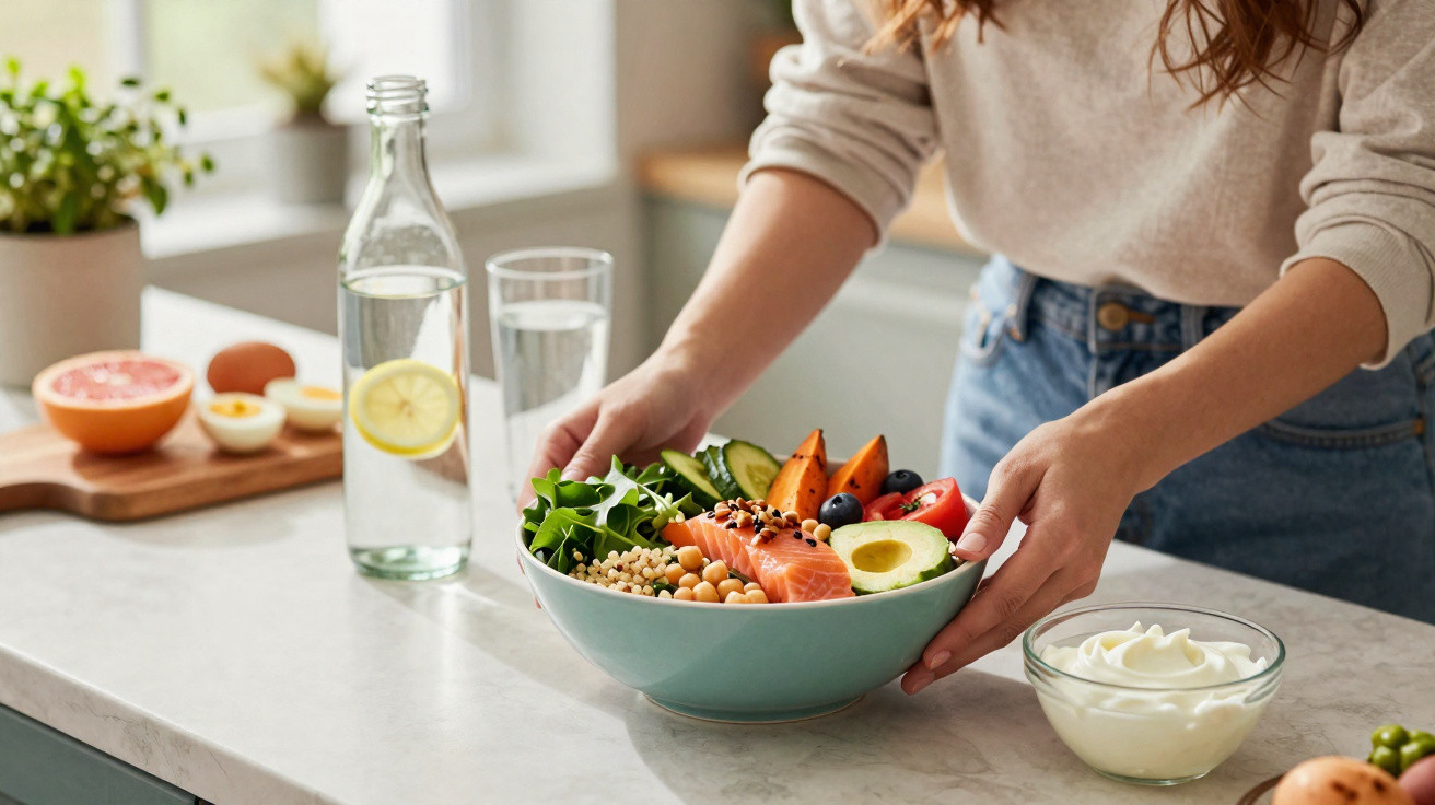 Pessoa a segurar taça com salada de salmão, abacate, legumes e grão-de-bico numa cozinha moderna.