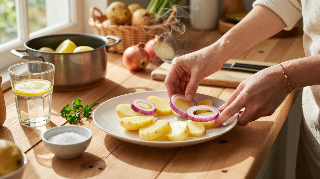 Mãos a preparar batatas com rodelas de cebola roxa num prato, com ingredientes e copo de água numa mesa de madeira.