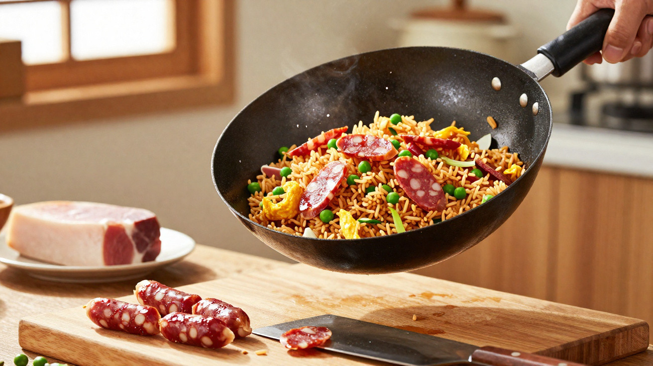 Panela com arroz frito, ervilhas, ovos mexidos e linguiça, numa bancada de madeira na cozinha.