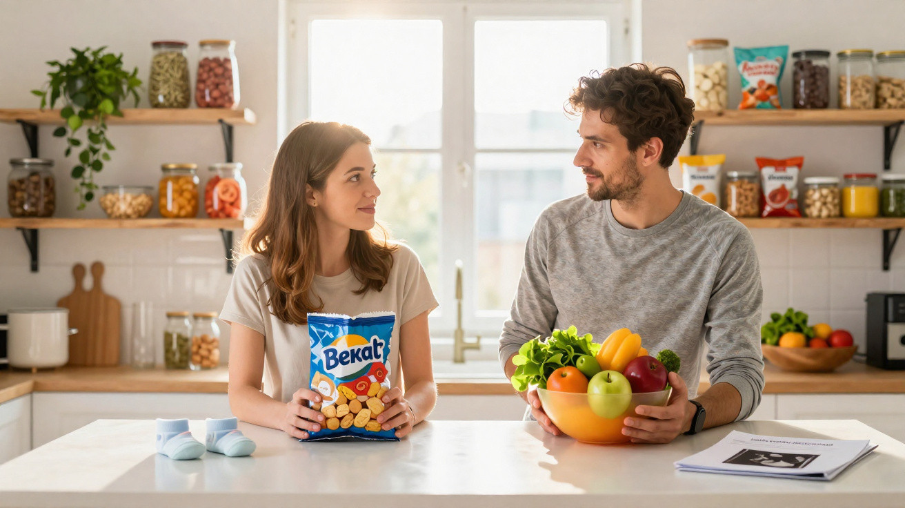 Casal na cozinha, ela segura um pacote de snacks e ele segura uma taça com frutas e legumes frescos.