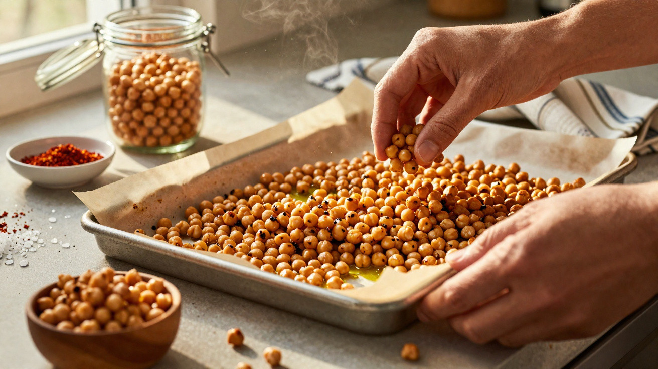 Mãos a preparar grão-de-bico temperado numa panela de forno forrada com papel vegetal numa cozinha.