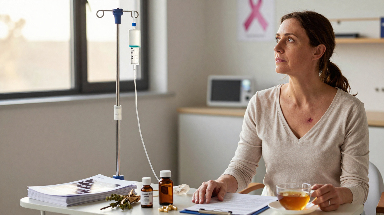 Mulher em ambiente clínico com perfusão, medicamentos e marca de cicatriz no peito, segurando chá.