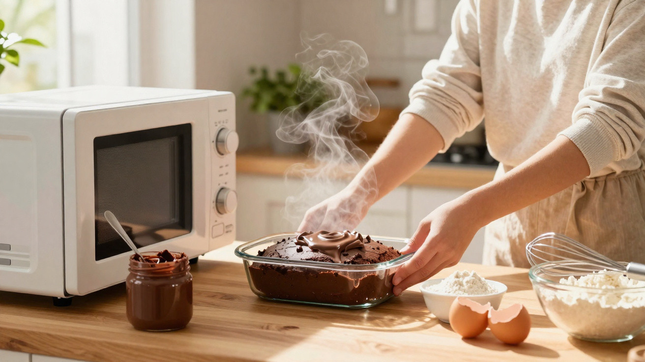 Pessoa a retirar bolo de chocolate fumegante do micro-ondas numa cozinha com ingredientes e utensílios.