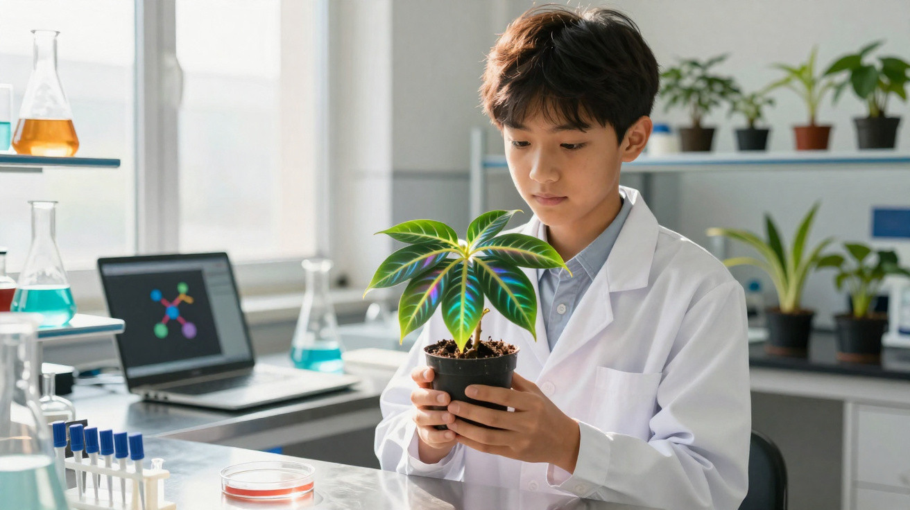 Rapaz em bata branca analisa planta verde num laboratório com material de ciência à sua volta.