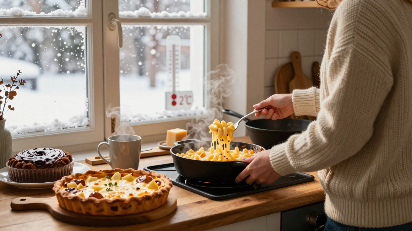 Pessoa a cozinhar massa fumarenta numa frigideira, com janela a mostrar 2ºC e neve lá fora.
