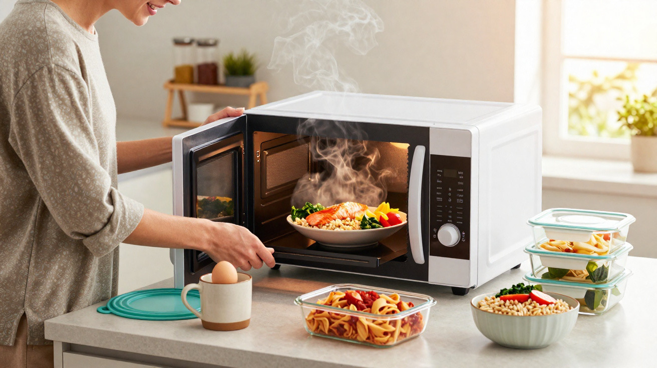 Pessoa a retirar prato quente e fumegante de micro-ondas branco numa cozinha luminosa.