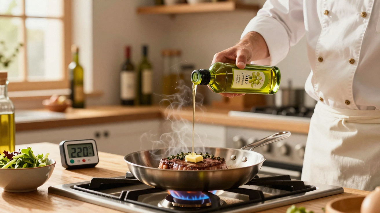 Pessoa a cozinhar um bife numa frigideira com manteiga e azeite a ser derramado no fogão a gás.