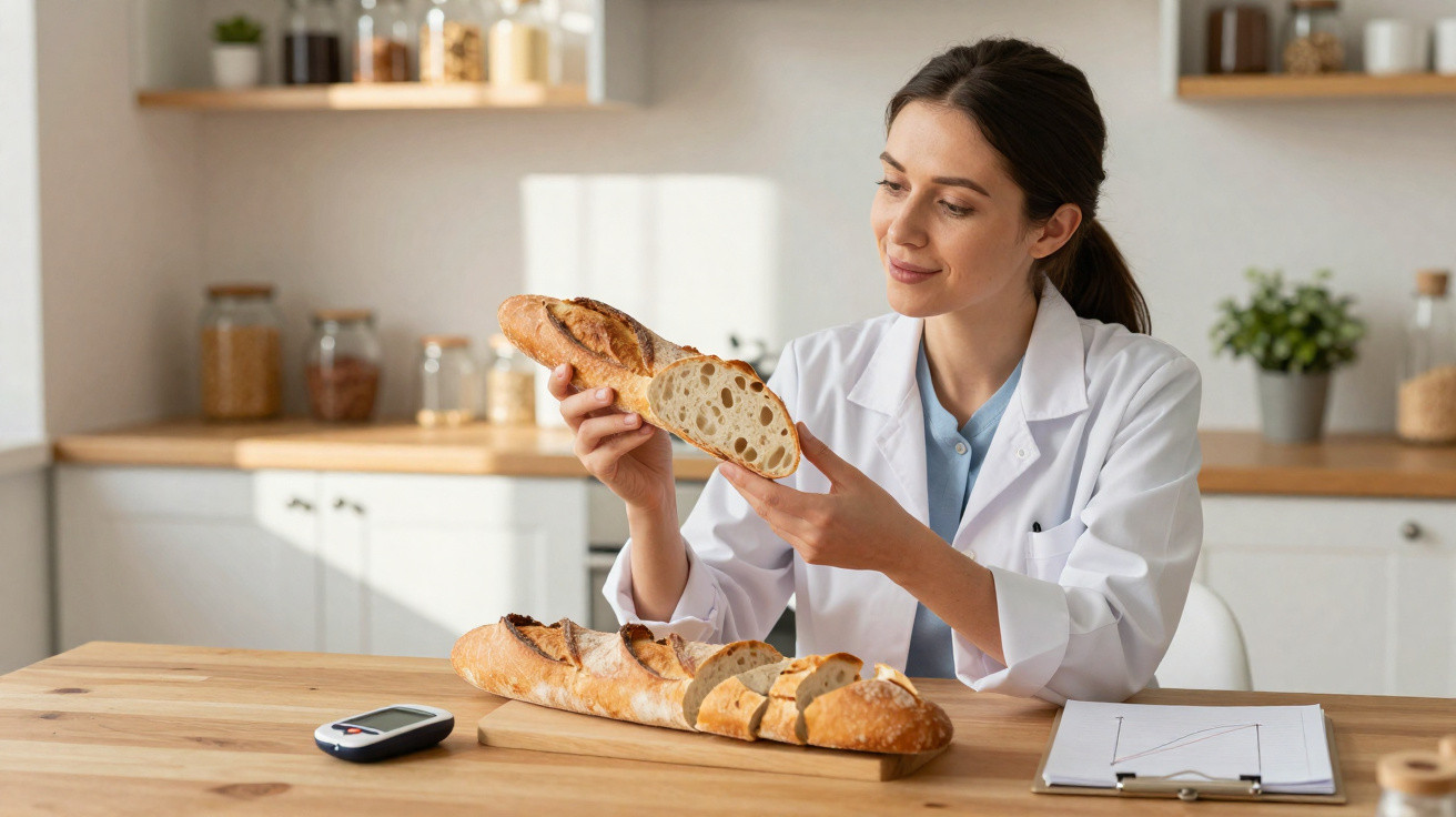 Profissional de saúde analisa uma fatia de pão numa cozinha luminosa com material de medição ao lado.