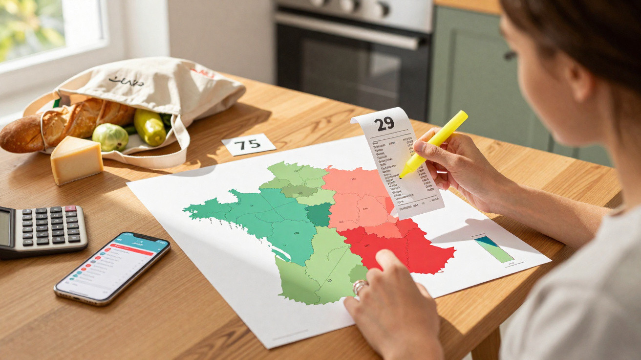 Pessoa a analisar mapa colorido de França, com gastos destacados num recibo, numa cozinha com alimentos e calculadora.