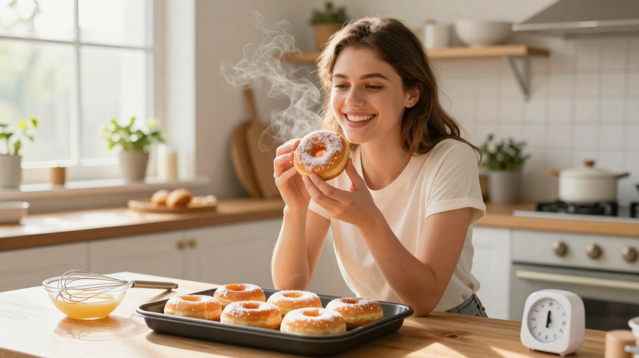 Jovem sorridente segura donut quente recém-saído do forno numa cozinha luminosa e acolhedora.