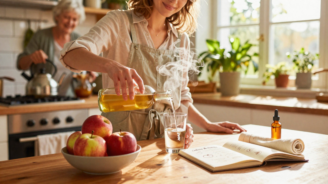 Mulher a verter chá quente numa cozinha luminosa com caderno aberto e maçãs numa tigela.