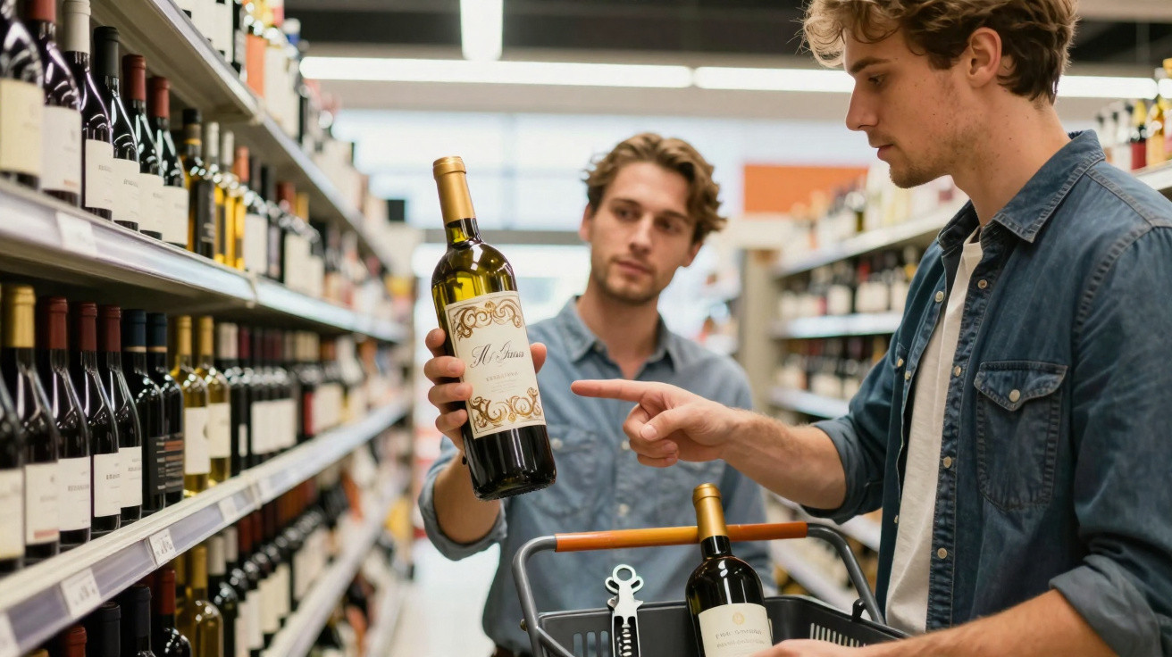 Dois homens escolhem garrafas de vinho numa adega de supermercado.