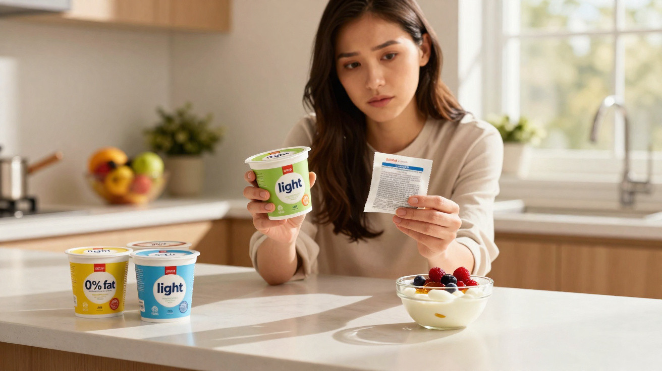 Mulher sentada a ler informação nutricional num iogurte light na cozinha moderna com taça de fruta à frente.