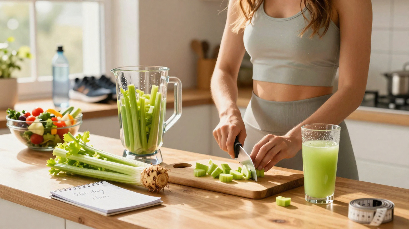 Mulher a cortar aipo na cozinha, com sumo verde, legumes e caderno de notas sobre a bancada.
