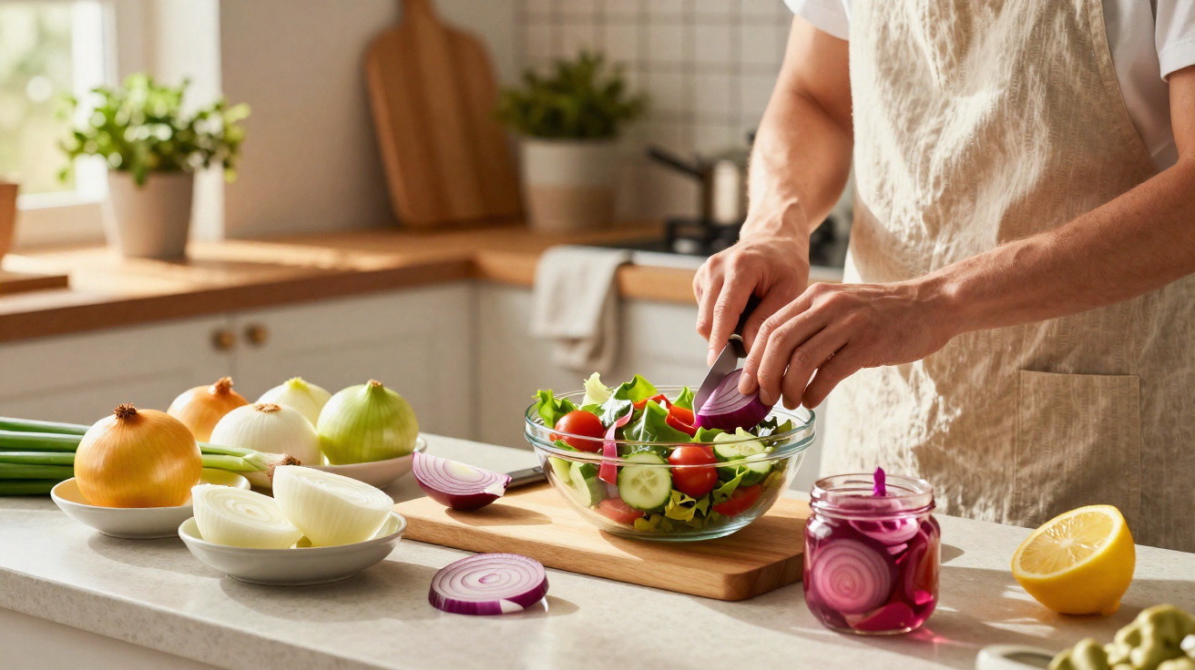 Pessoa a cortar cebola roxa para adicionar a uma salada fresca numa cozinha bem iluminada.