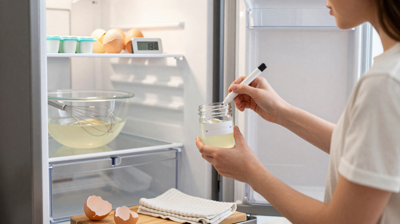 Pessoa a etiquetar frasco com líquido dentro de frigorífico aberto com ovos e utensílios de cozinha.