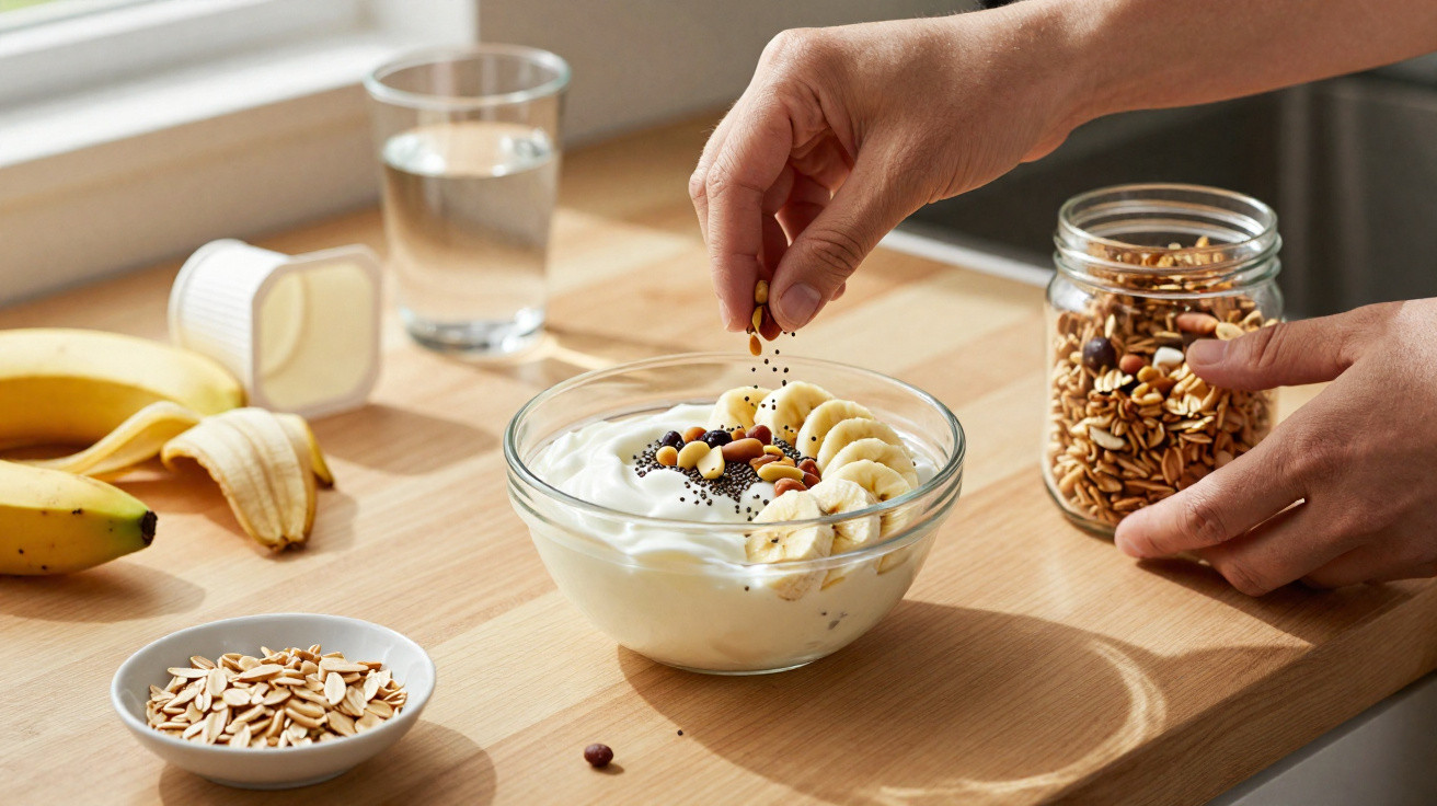 Mão a colocar sementes numa taça de vidro com iogurte, banana e granola numa bancada de cozinha.