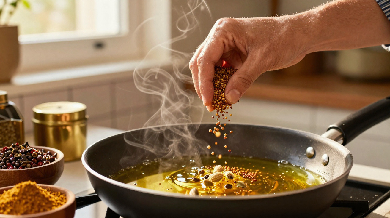 Mão a deitar especiarias numa frigideira com óleo quente fumegante numa cozinha iluminada.