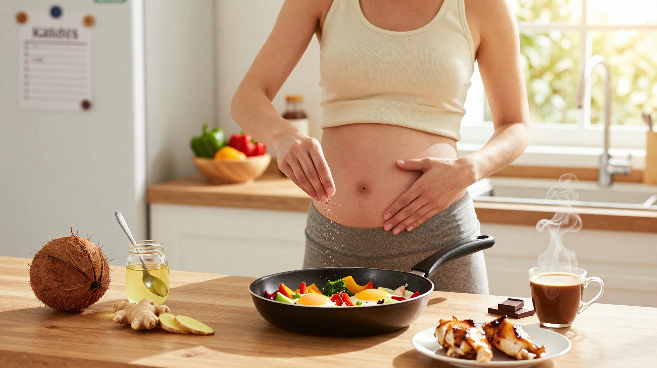 Mulher grávida a temperar legumes numa frigideira numa cozinha iluminada e cheia de alimentos saudáveis.