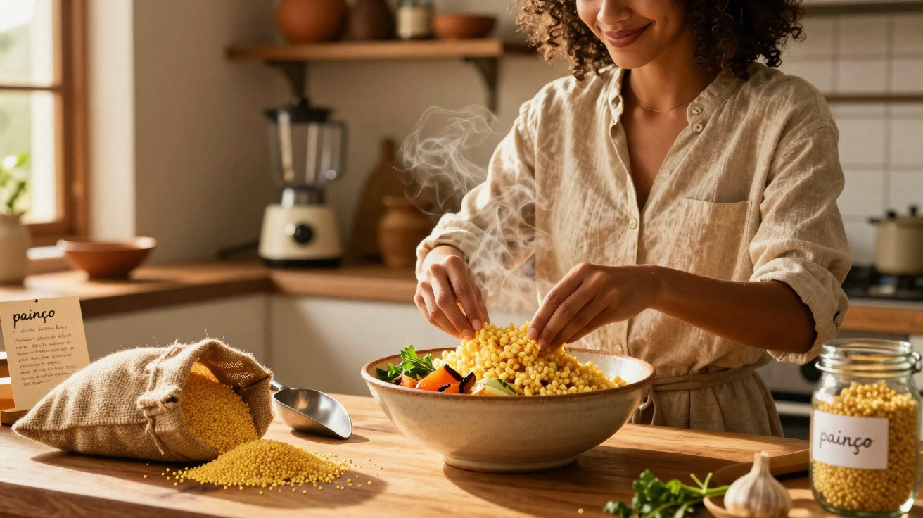 Mulher a preparar uma salada com painço quente numa cozinha iluminada e acolhedora.