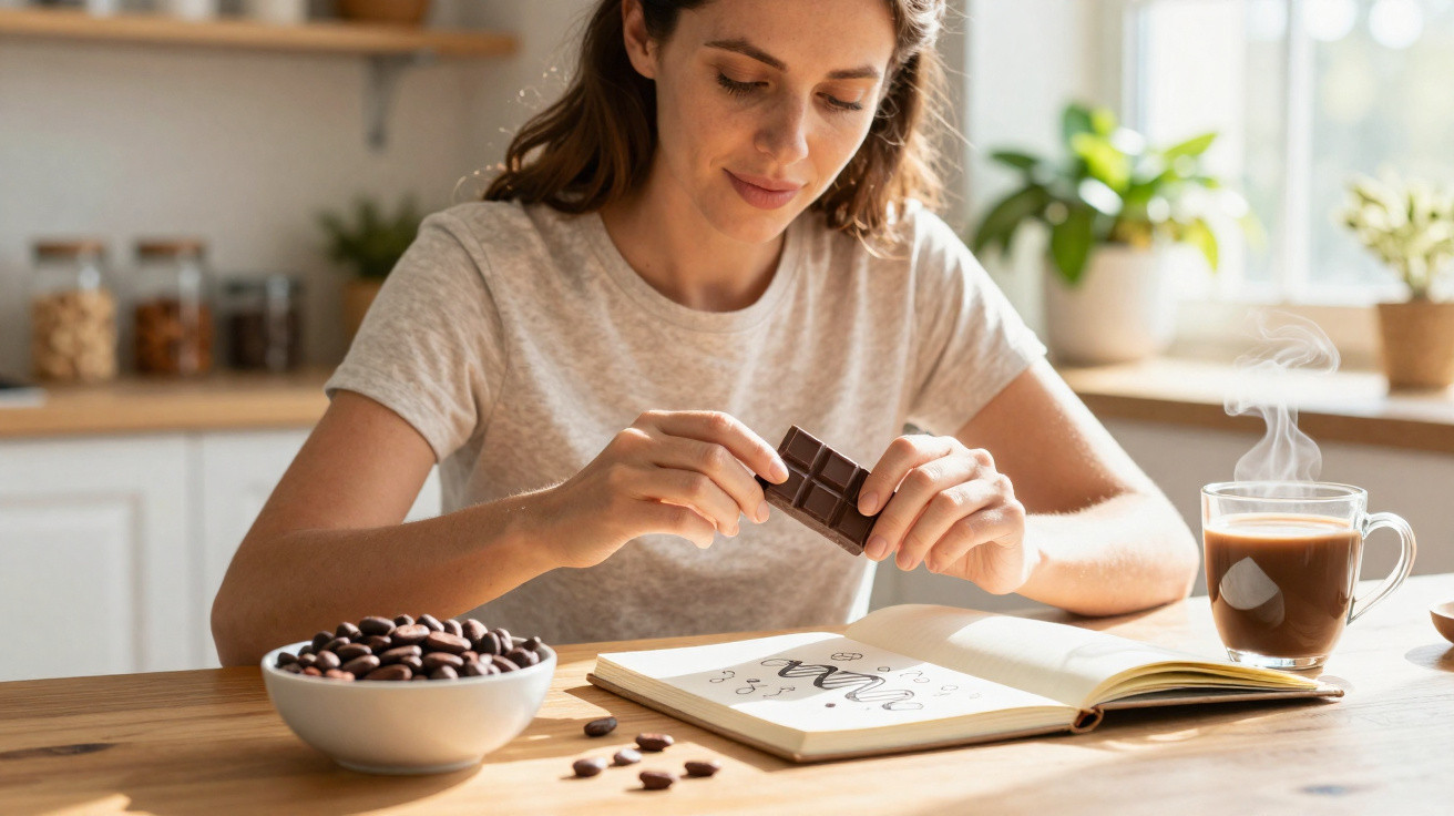 Mulher sentada a comer chocolate, com livro aberto e chá fumegante numa cozinha iluminada.