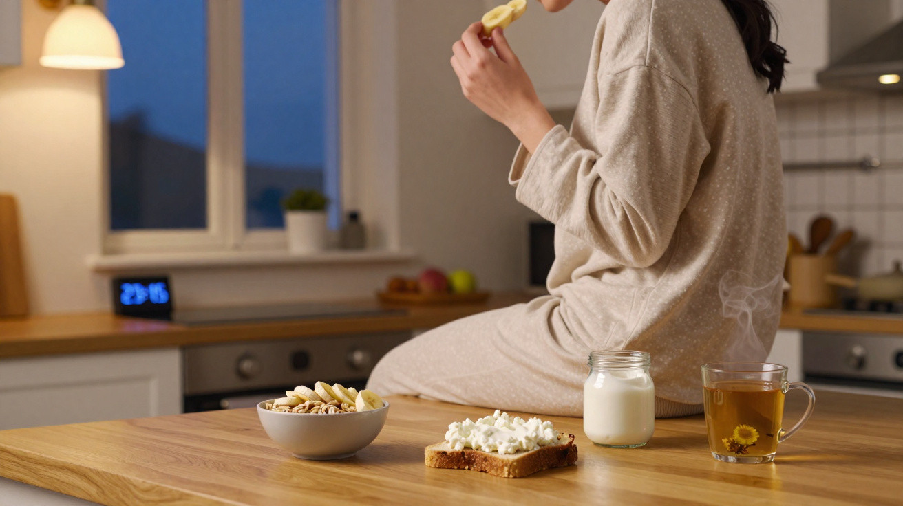 Pessoa sentada numa cozinha a comer banana, com mesa com chá, leite, tosta e taça de fruta.