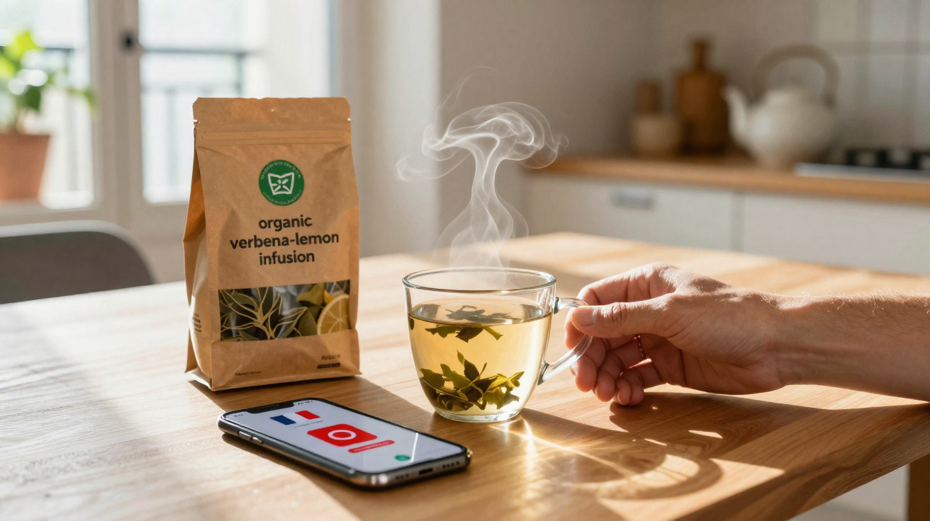 Mão a segurar chá quente numa chávena com ervas, saco de infusão biológica e smartphone numa mesa de madeira.