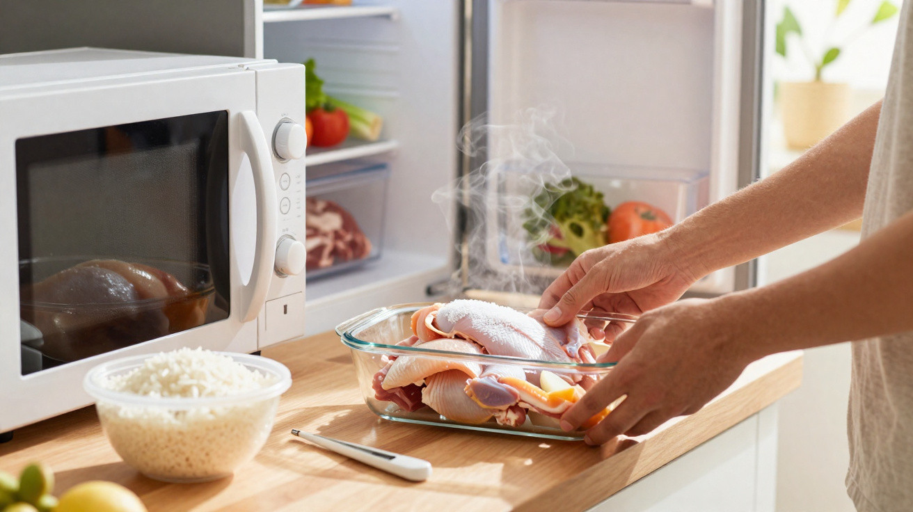 Mãos a colocar peixe fumegante num tabuleiro de vidro na cozinha ao lado de micro-ondas e tigela de arroz.