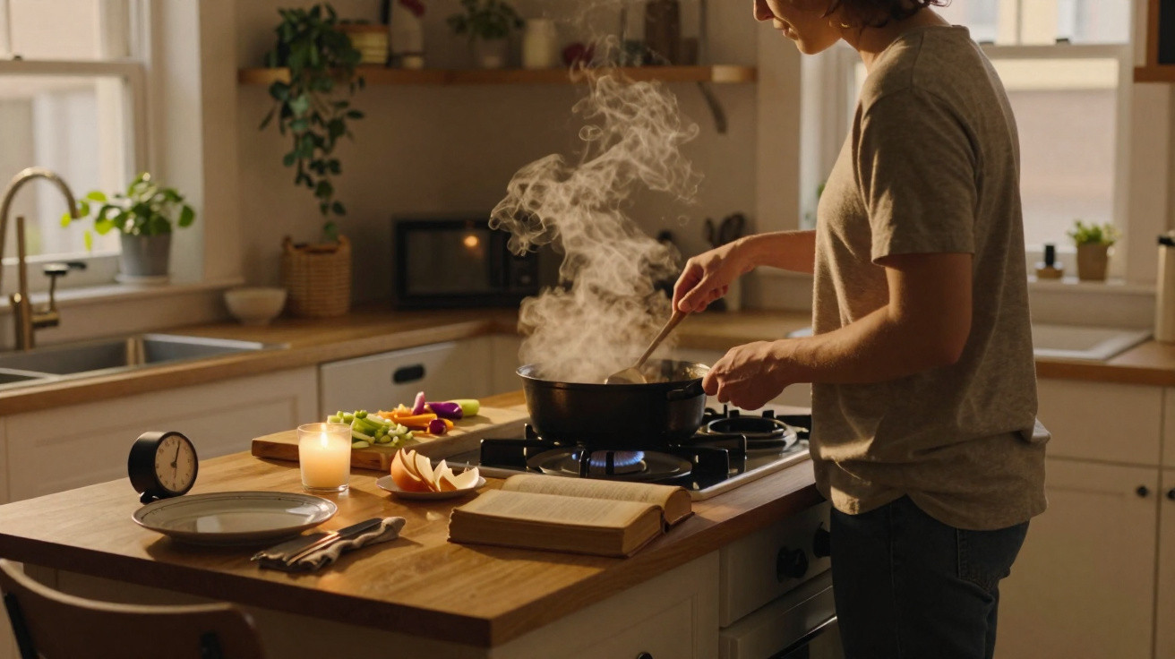 Pessoa a cozinhar num fogão a gás numa cozinha acolhedora com legumes, livro aberto e relógio na bancada.