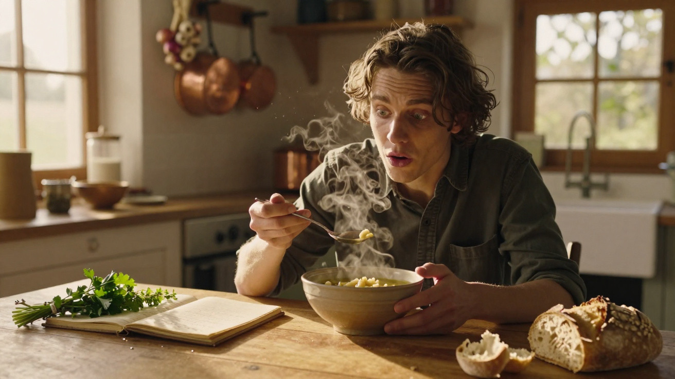 Homem surpreendido ao provar uma sopa quente numa cozinha rústica com pão e ervas sobre a mesa.